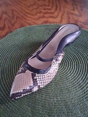 Heyraud Black Leather Snakeskin Kitten Heel Pointed Toe Mules Size 38